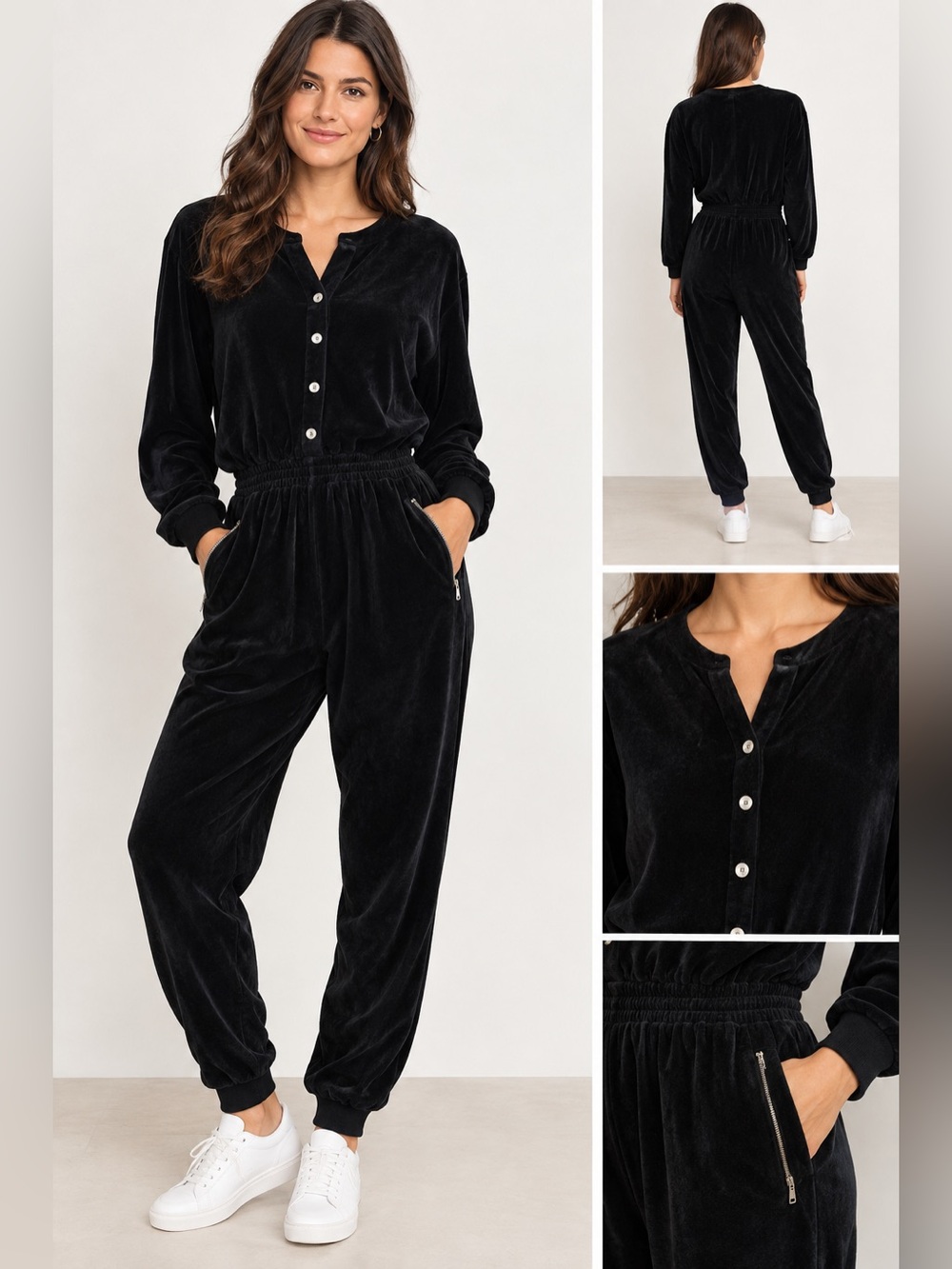 LIZ Sport Black Velour Jumpsuit Velvet Jogger Button Front Zip Pockets 90s Retro